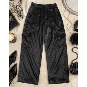Old Navy Satin Cargo Pants Size 6 Black High Rise Wide Leg Street Style NWT